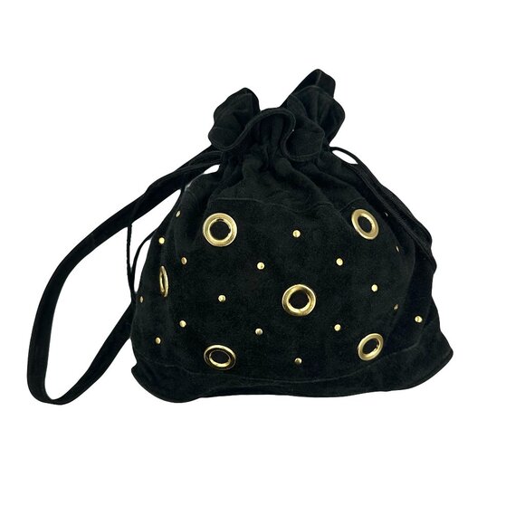 AJ Valenci #2 Vtg 80s Black Gold-Colored Accent Suede Bucket Bag Crossbody Purse - Picture 1 of 6